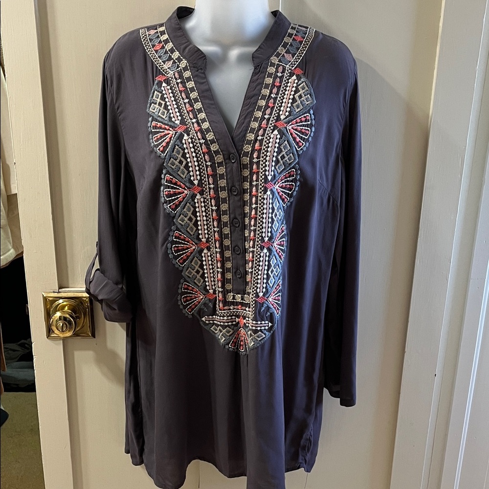 Embroidered Tunic Top of silky rayon.